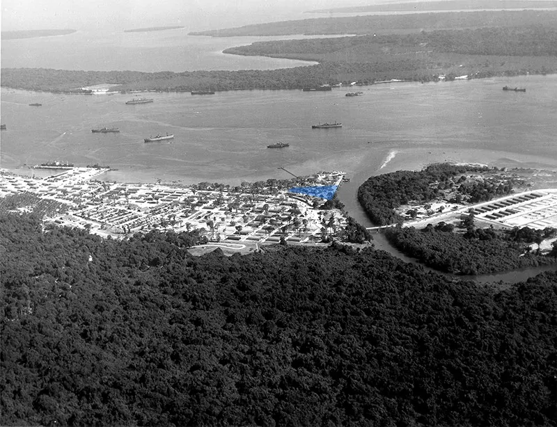 Aerial view of a naval base with ships docked in a harbor and dense jungle