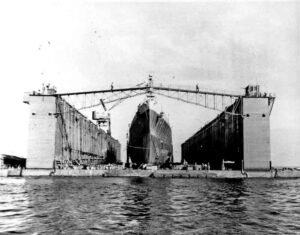 ABSD floating dry dock lifting a large ship.