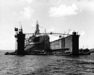 USS West Virginia in ABSD-1 floating dry dock after Pearl Harbor attack.