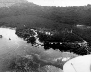 Aerial view of Aore island, showing lush vegetation, coastline, and water.
