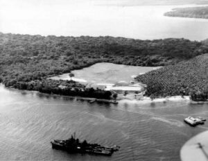 Aerial view of Aore, showing a clearing, dense jungle, and ships in the water.