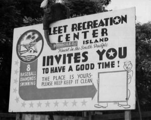 Fleet Recreation Center sign on Aore Island, inviting sailors to have fun.