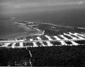 Aerial view of a tropical airfield with palm-lined runways and surrounding jungle.