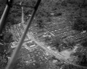 Aerial view of a military training camp with barracks and roads