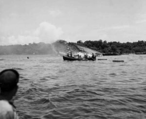 Coolidge ship wreck with rescue boat in foreground