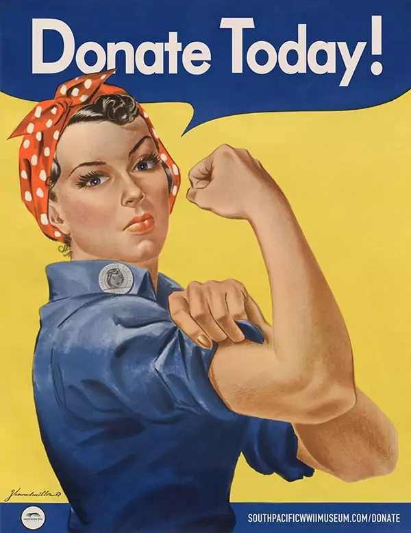 Rosie the Riveter poster: "Donate Today!" Call to action for WWII donations.