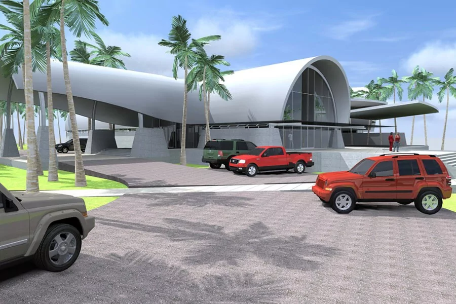 Modern architectural gallery with palm trees and parked cars