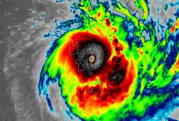 Satellite image of Cyclone Harold showing a powerful storm system over islands