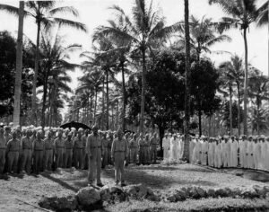 Hospital #3 staff in uniform stand in formation under palm trees.