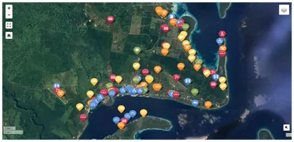 Satellite map base showing an island with numerous colorful markers indicating points of interest.