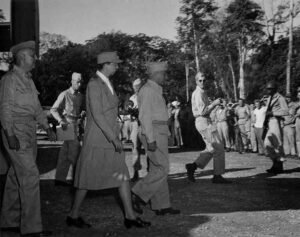 First Lady Eleanor Roosevelt inspects troops during WWII.
