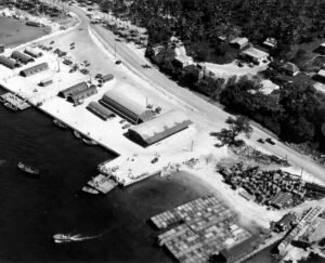 Aerial view of a WWII naval base with ships, buildings, and palm trees.