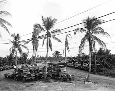 Military trucks and jeeps parked under palm trees at Million Dollar Point.