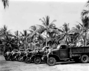 Vintage military trucks lined up with soldiers in a tropical setting.