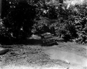 Vintage Jeep struggling through muddy road in lush jungle