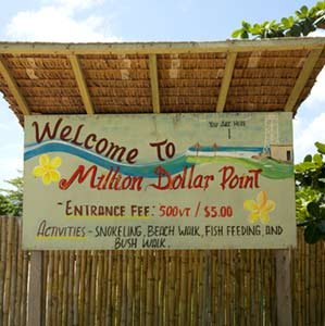 Welcome to Million Dollar Point sign with entrance fee and activities listed.