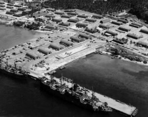 Aerial view of a historical wharves with ships and military buildings