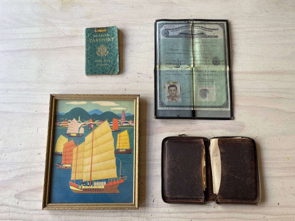 Seaman's passport, vintage US travel document, and framed Asian ship art