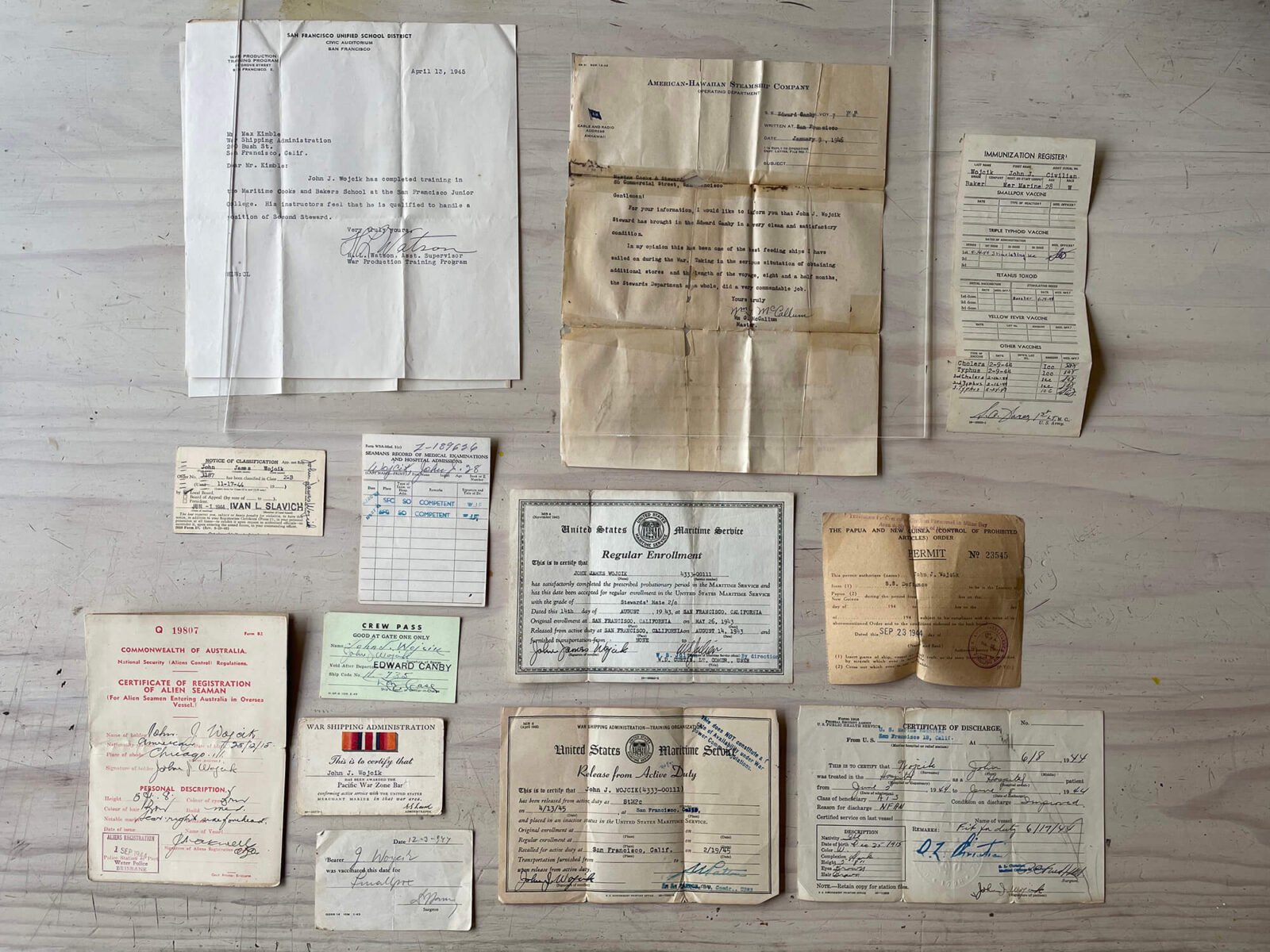 Brad Wojcik donation: WWII documents, immunization, and discharge papers.
