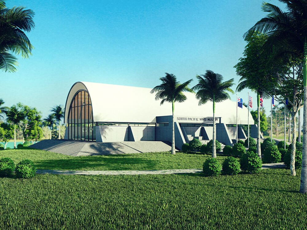 South Pacific Whale Museum, stage one rendering, modern architecture, palm trees