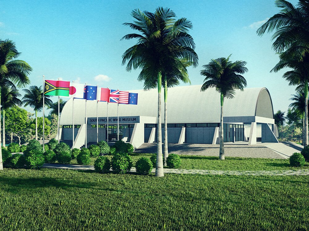 South Pacific WWII Museum, Vanuatu, with flags and palm trees.