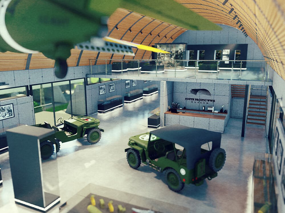 South Pacific WWII Museum interior with jeeps and aircraft model