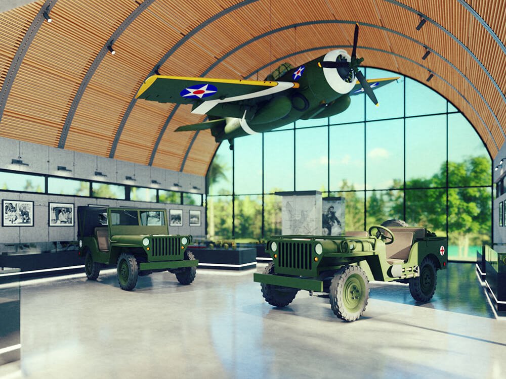 WWII museum exhibit: vintage military jeeps and a soaring airplane.
