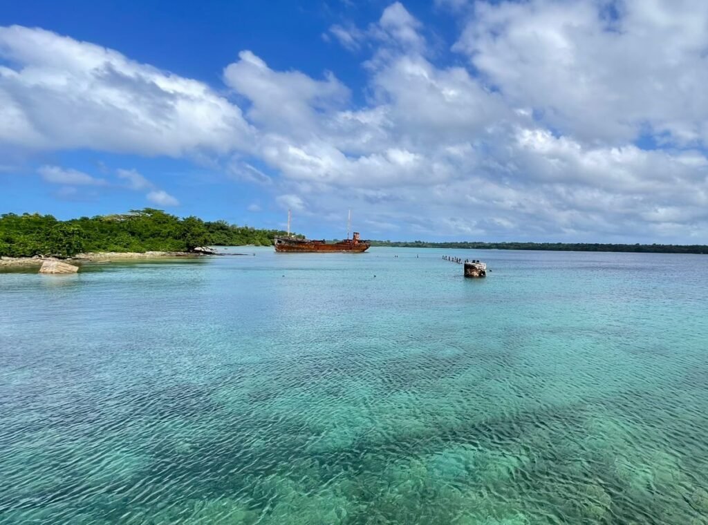 Rusty shipwreck in turquoise water, with lush green island and blue sky.