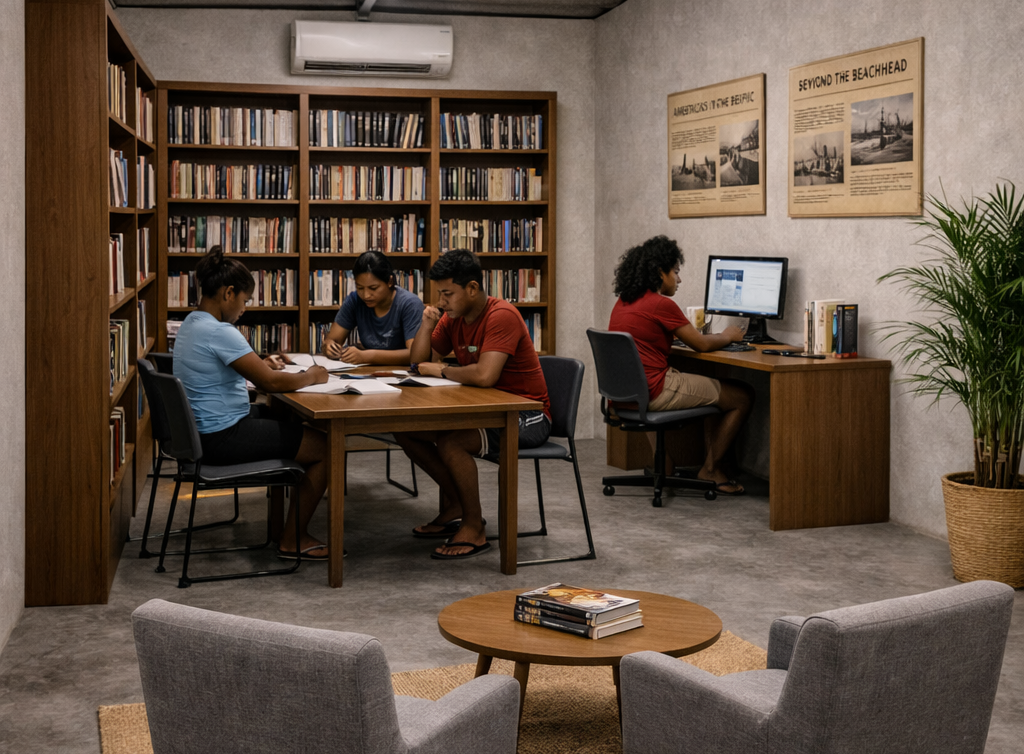 Students studying in library with books and computers