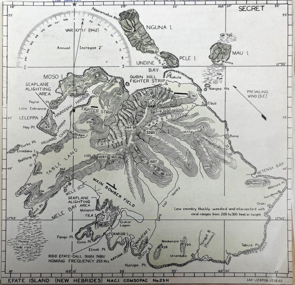 Detailed map of seaplane and bomber airfields on an island, with contour lines and place names.