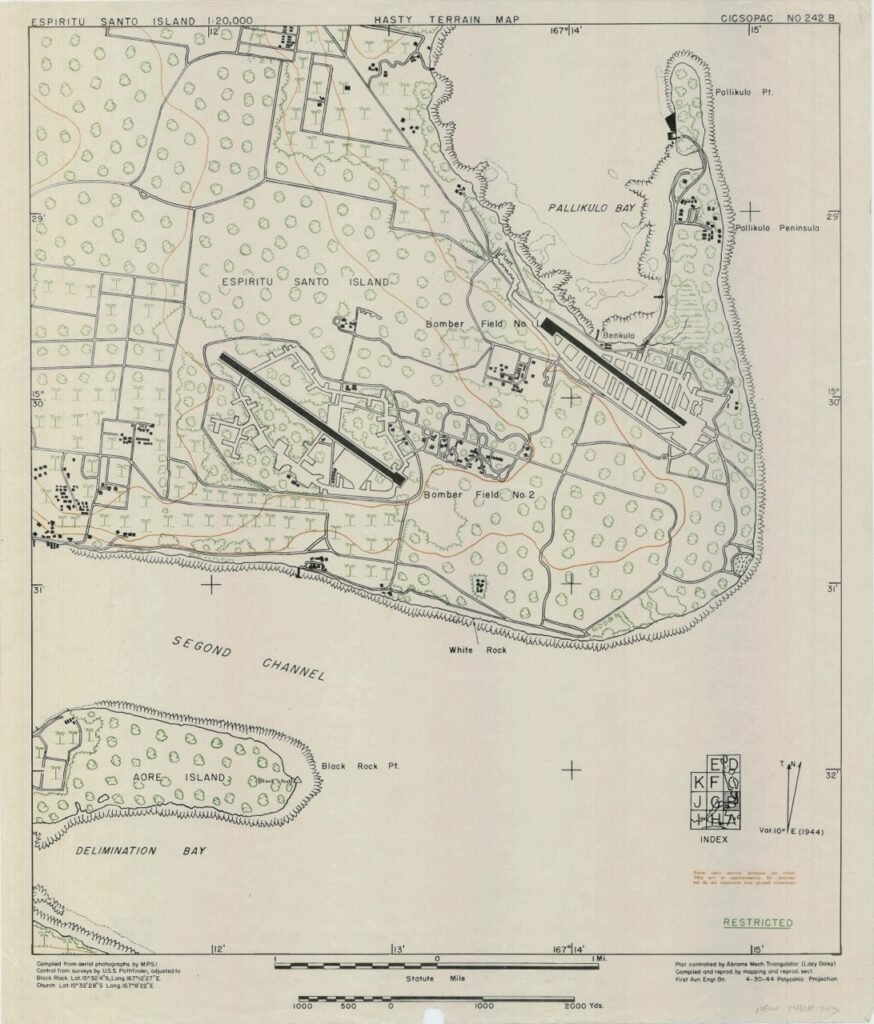 Map of Espiritu Santo Island, showing airfields, bays, and terrain features.