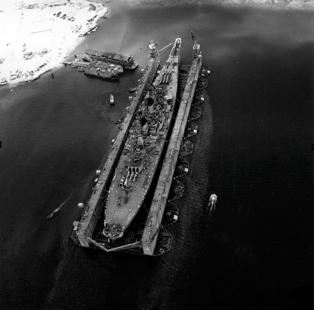 Battleship USS Missouri in a floating dry dock for repairs.