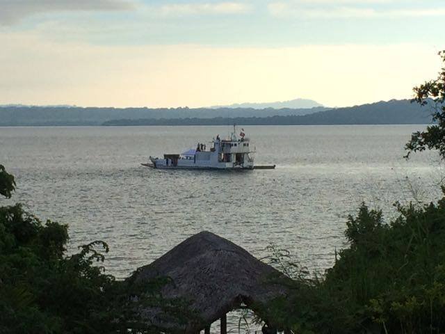 Ferry boat crossing calm water with lush green trees in foreground