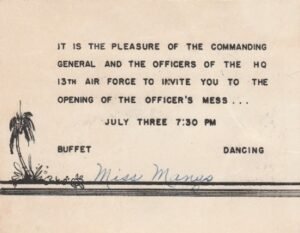 Invitation to the 13th Air Force Officer's Mess opening: July 3, 7:30 PM.