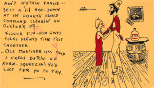 Hand-drawn illustration of a man and woman at a rustic gathering, with text about a "hoe-down.