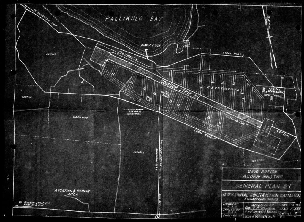 General plan of Base Button Alcorn (Red Two) airfield, showing bomber strip B-1, taxiways, and naval operations.