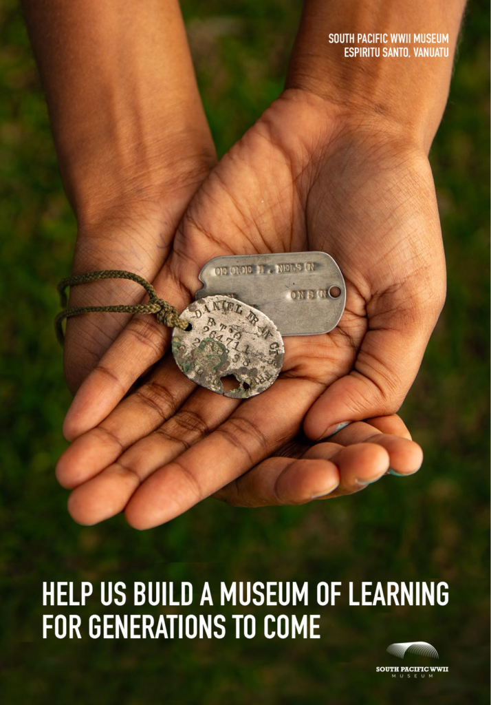 Hands hold dog tags: "Help Us Build A Museum of Learning For Generations To Come.