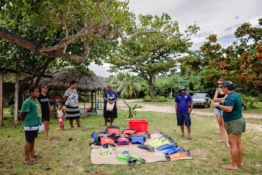 Group with snorkeling gear in a tropical setting