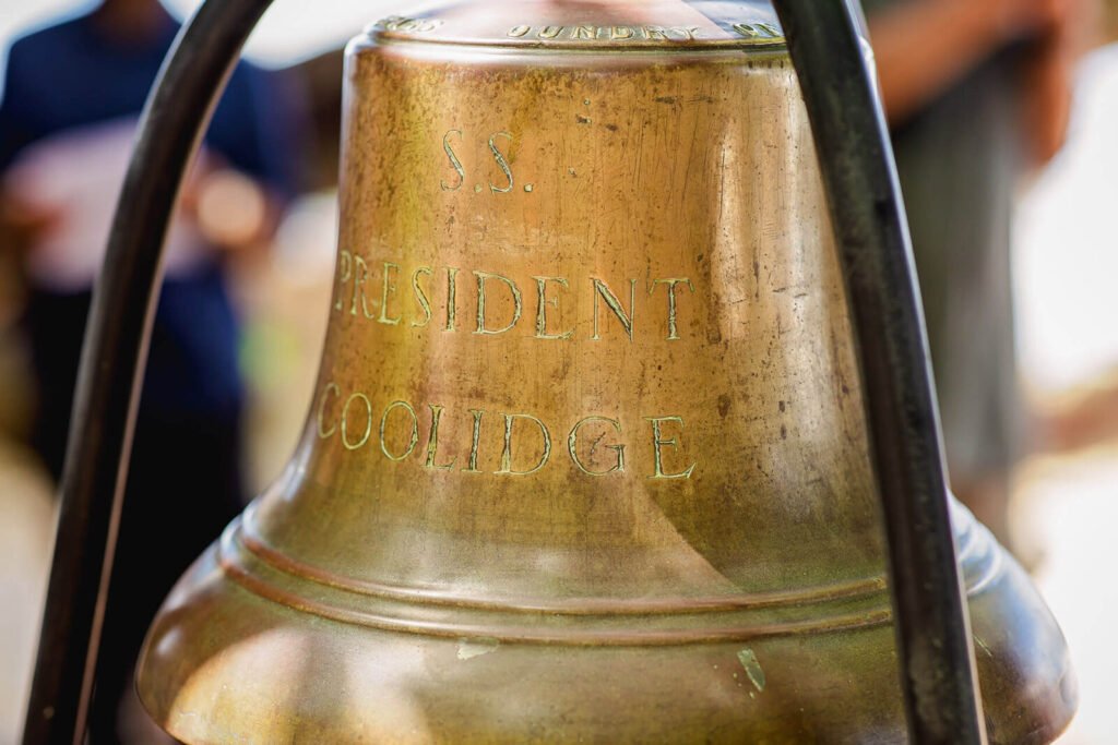 Brass bell from the S.S. President Coolidge, part of the Coolidge Exhibition.