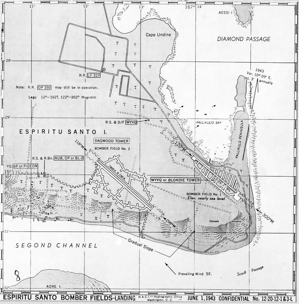 Espiritu Santo bomber fields map, June 1943. Includes airfields, towers, and passages.