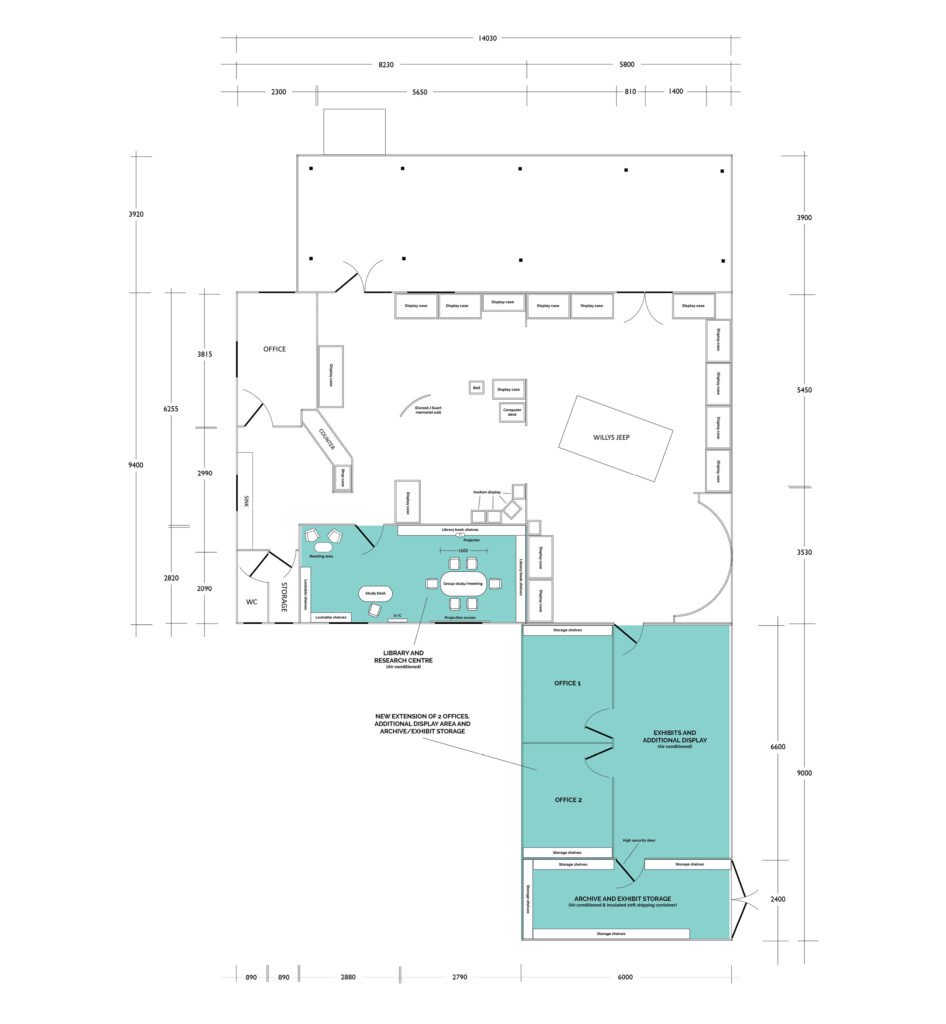 Floor plan showing office, storage, and new extension for archive/exhibit storage.
