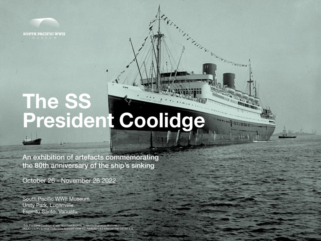 SS President Coolidge exhibition poster with ship image and text