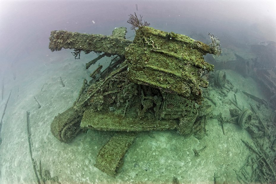 Underwater shipwreck, likely a military vessel, covered in marine growth.