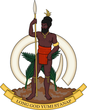 Coat of arms of Vanuatu with motto "Long God Yumi Stanap
